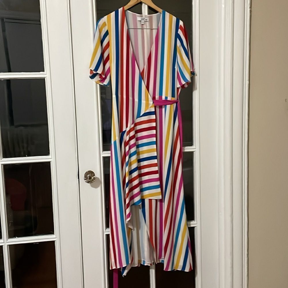 Color me Courtney Taira women’s wrap mini rainbow strip dress size medium EUC